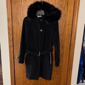 Calvin Klein Black Fur-Trimmed Trench Coat